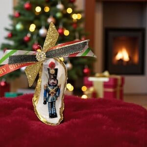 Set Of 4 Hand Made Oyster Shell Blue Nutcracker Holiday Ornament with Gold Trim